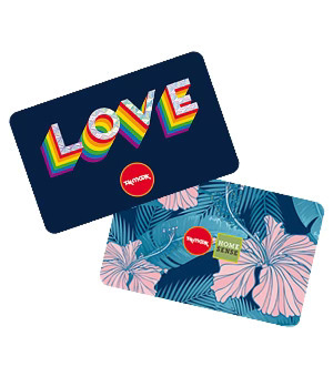 Two gift cards. One with rainbow-coloured LOVE text, and the other with a floral illustration.