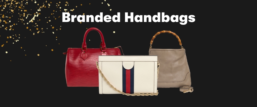 A collage of handbags including a red leather bowling bag, a white shoulder bag with red and navy trim and a gold chain strap, and a taupe leather tote bag with bamboo handle. 