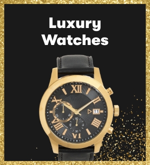 A watch with gold frame and black strap.