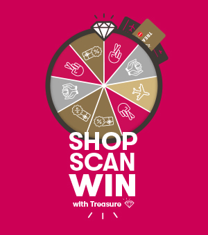 Treasure 'Shop Scan Win' prize wheel on a Crimson background.