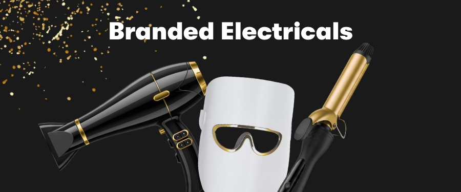 A collage of a black hair dryer with gold details, a white LED mask with gold accents and a black curling tong with a gold barrel.