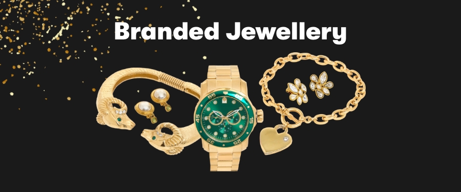 A collage of jewellery including a gold-toned bracelet with gemstones, gold earrings with pearls, a gold watch with green face and bezel, a gold chain-link bracelet with heart charm and a pair of gold earrings with a floral design.