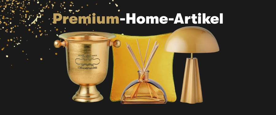 Collage aus goldenen Wohnaccessoires: Vase, quadratisches Kissen, Glas mit Reed-Diffusoren und skulpturale Lampe.