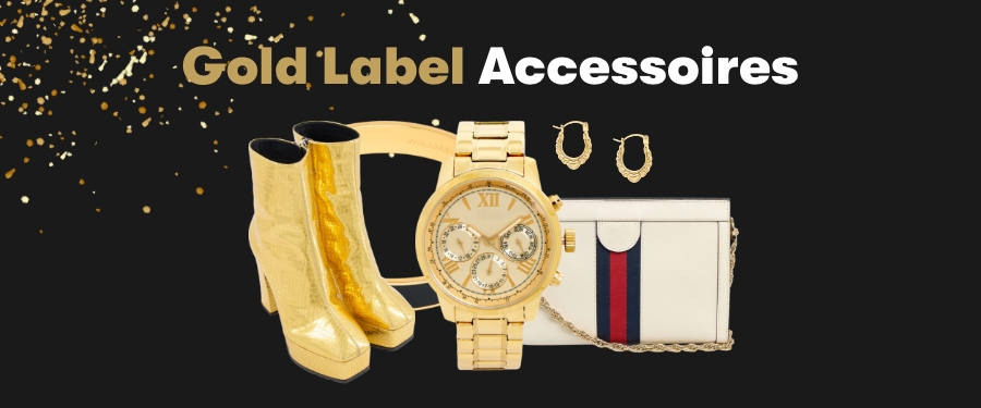 A collage of gold platform boots, a gold bracelet, a gold-toned bracelet watch, a white leather bag with red and navy trim and a pair of gold hoop earrings.