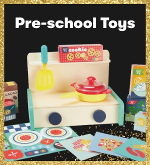 A selection of bright wooden kids' toys. 