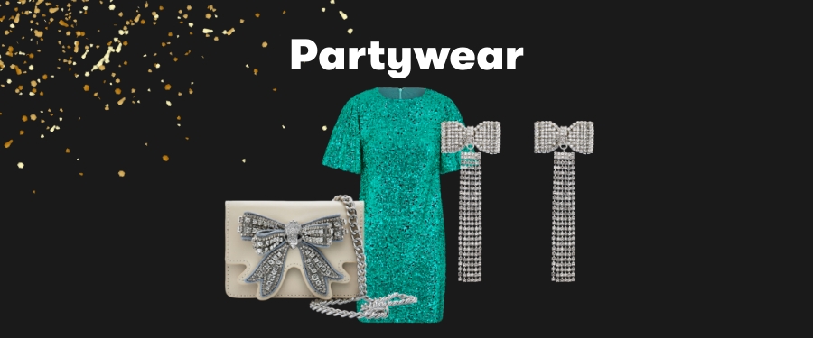 An embellished evening bag, a sparkly green dress and diamante earrings. 