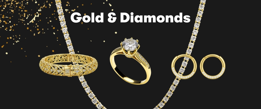 A collage of a diamond tennis necklace, a cuff bracelet, a diamond ring with diamond accent stones and a pair of pavé-set diamond earrings.