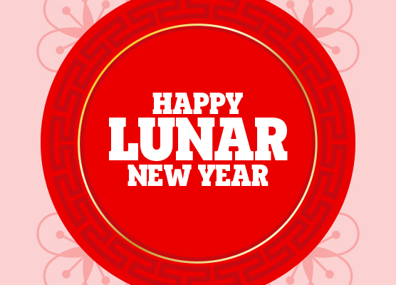 'Happy lunar new year' on a red circle with a pale pink floral background