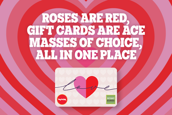TK Maxx and Homesense gift card on bright pink and red heart-patterned background.