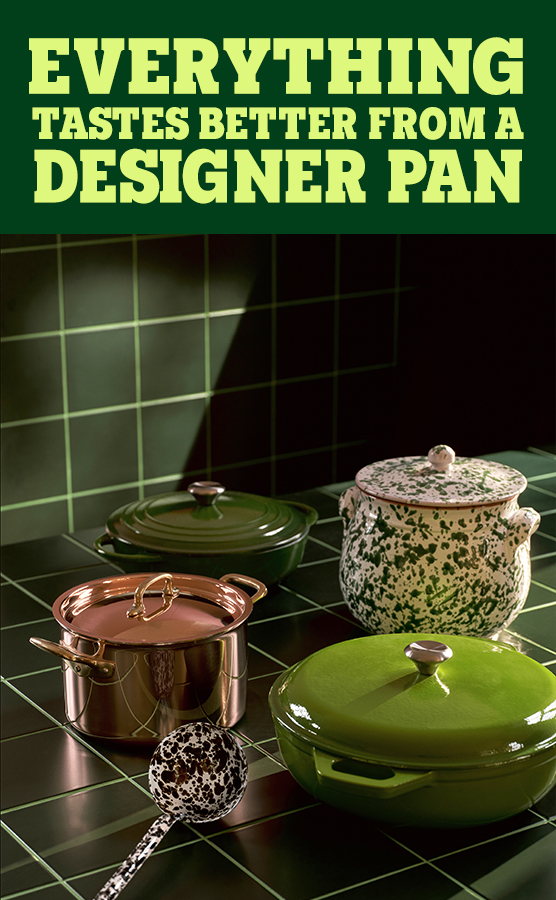 A collection of colourful cast iron cookware, including casserole dishes, pots and serving pieces.