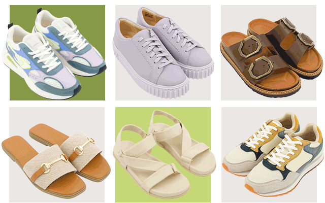 A GIF of men's and women's shoes like trainers and sandals.