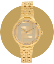 A gold bracelet watch with a round face featuring a large logo design, displayed against a circular gold background.