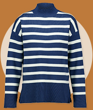 A high-neck striped jumper. 