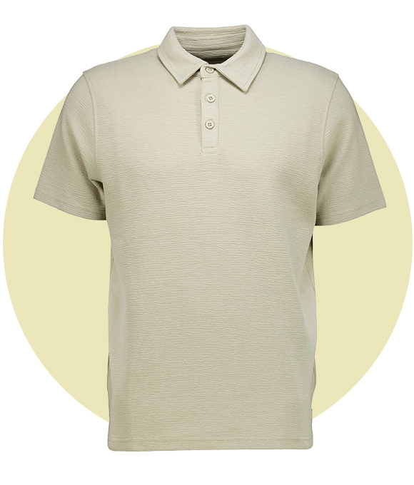 Beige short sleeve polo shirt.