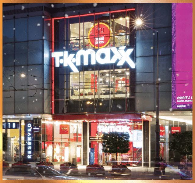 A brightly-lit TK Maxx store on a winter's night, twinkling in the snow.