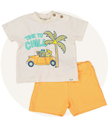 Kids' outfit featuring yellow shorts and a cream, short‑sleeved T‑shirt with a palm tree and a car on it, plus text that reads, “TIME TO CHILL”.