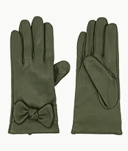 A pair of green leather gloves with bows.