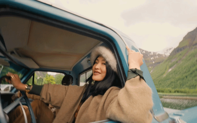 Models wearing winter fashion and accessories outdoors.