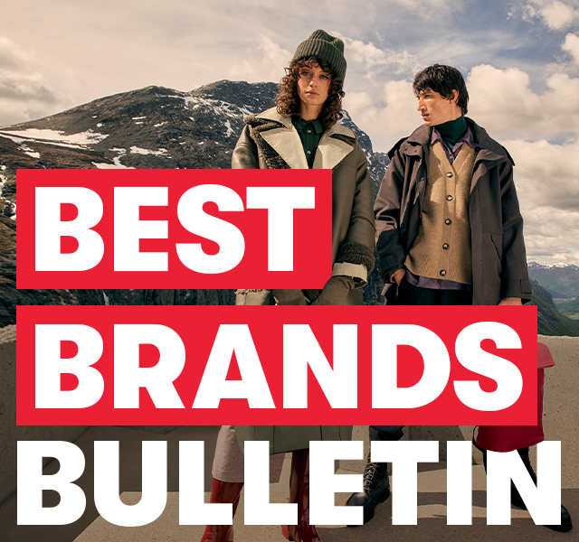 Two people wearing autumn outfits stood outdoors in a mountain landscape, with large text reading 'BEST BRANDS BULLETIN.'
