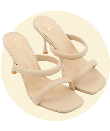 A pair of neutral open-toe heels.