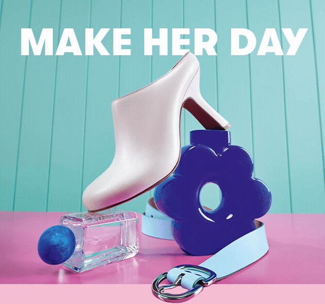 Stacked presents including shoes, perfume and a belt, with a blue butterfly fluttering around them.