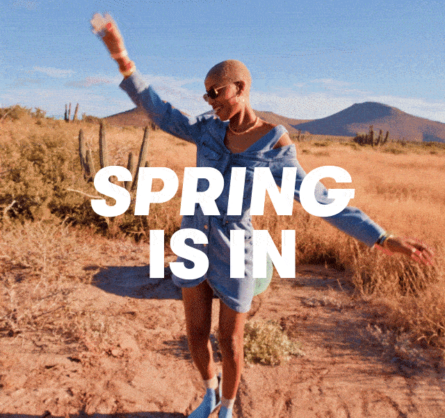 A GIF with the title 'Spring is in' showing models in a sunny climate wearing new-season outfits.
