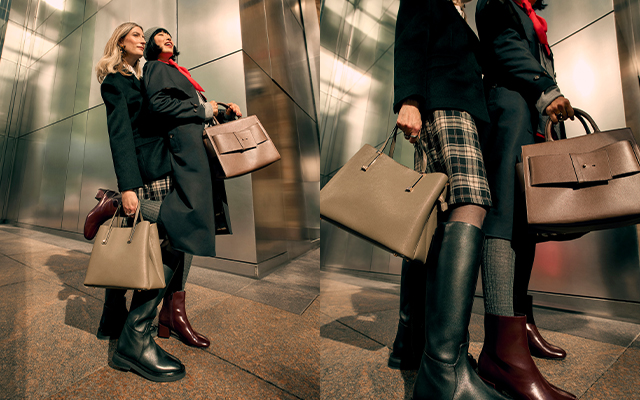Two models wearing autumn outfits and earthy-toned leather bags.