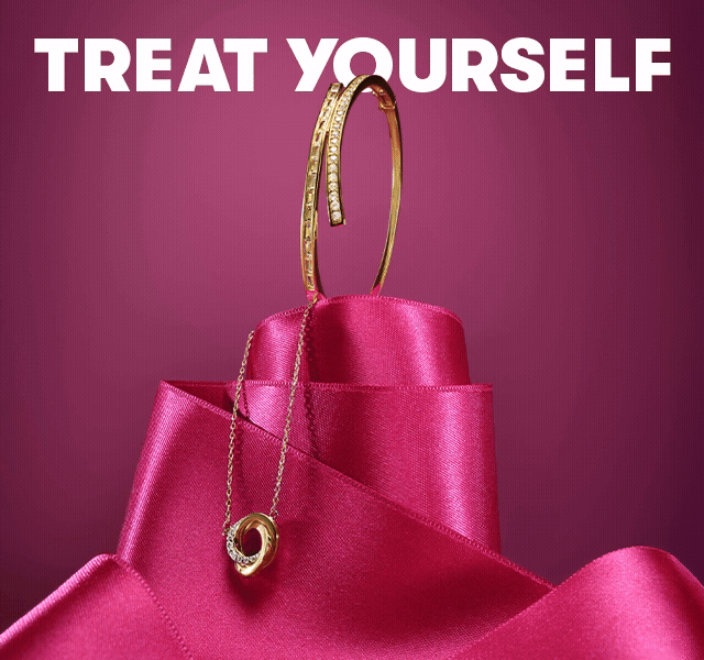 GIF of gleaming gold necklace and bangle on pink ribbon.