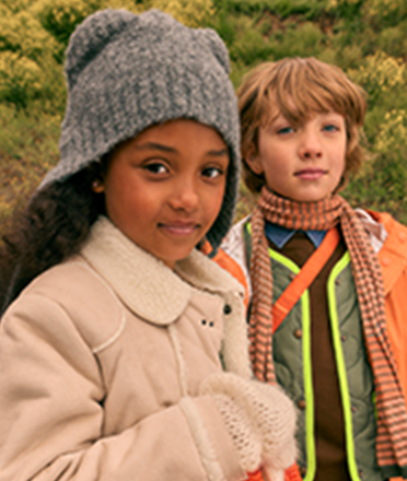 Kids wearing outdoor coats and accessories.