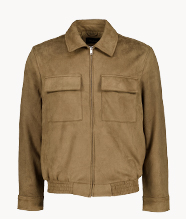 A beige cropped men's jacket with button detailing.