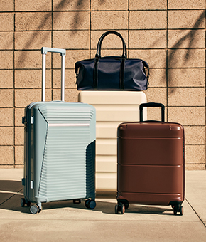 A selection of wheely suitcases in tonal colours. 