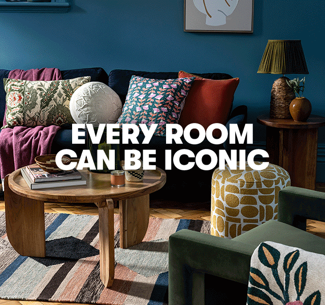 A gif with the text every room can be iconic, rotating between a brightly decorated living room, dining table and bedroom.