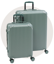 A medium and a small metallic grey suitcase with wheels.