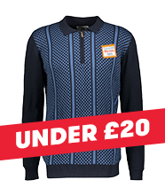 A striped zip-up knitted jumper.