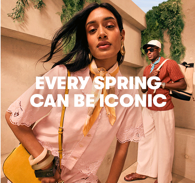 A GIF showing a male and a female model wearing spring staples in a sunny climate. 