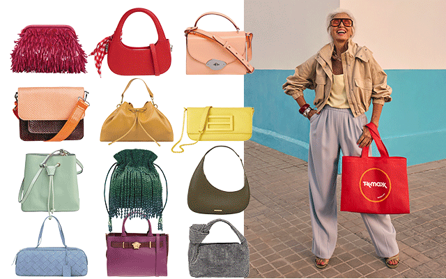 A collage of colourful handbags next to an image of a woman in loose trousers and a light jacket, holding a red TK Maxx tote.