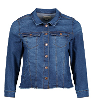 Front-facing blue denim jacket with button fastening, chest pockets, and collar detail, displayed against a plain light background.