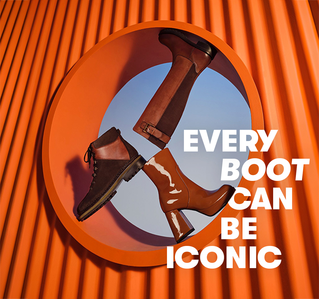 Three pairs of boots in a circular orange frame with the text “EVERY BOOT CAN BE ICONIC”.
