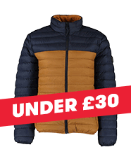 A beige and navy padded coat.