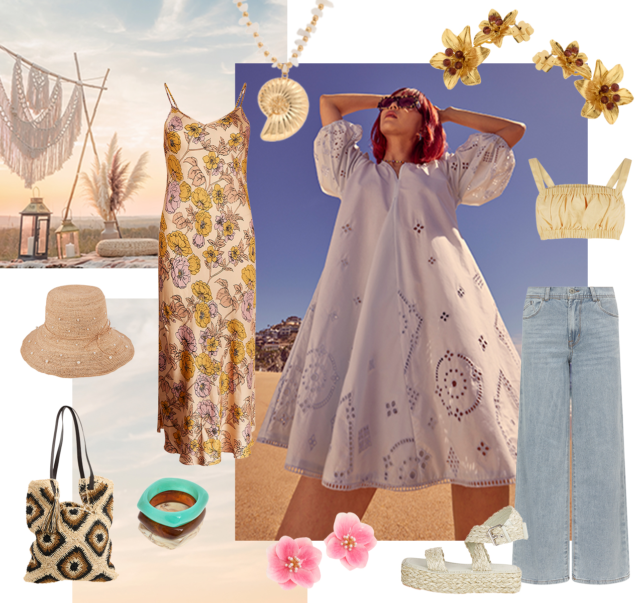 Boho fashion collage featuring cut-outs of boho-inspired accessories and clothes and a model wearing a white dress.