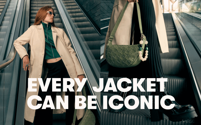 Woman wearing a light-coloured jacket on an escalator with a green bag. Text reads 