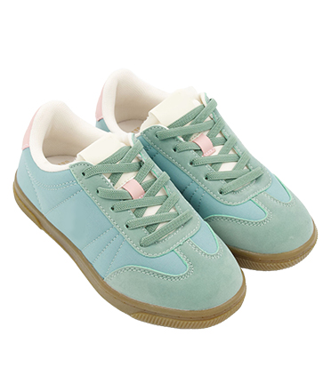 A pair of mint-coloured trainers for kids.