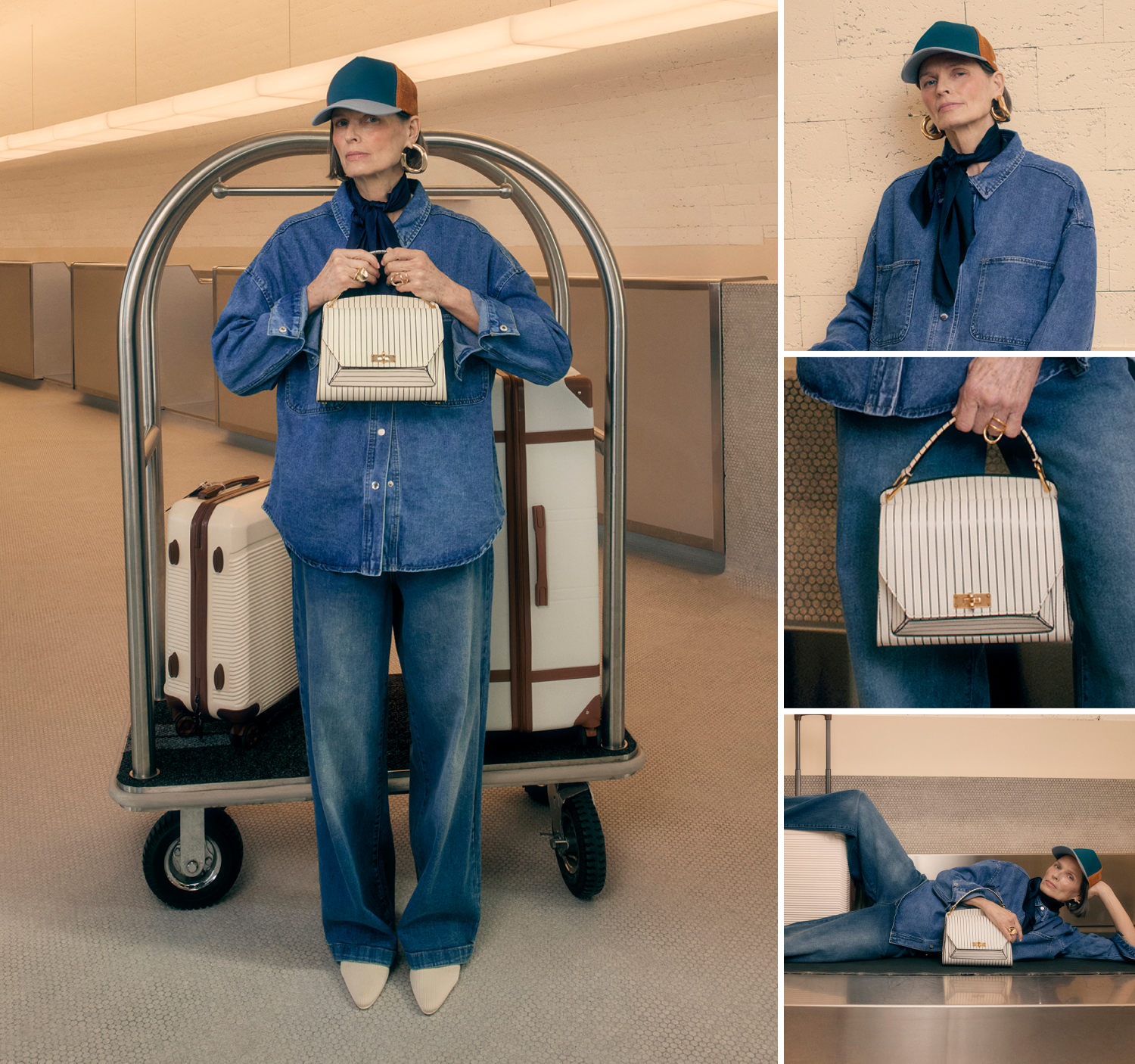 Model wearing blue denim shirt and jeans with a cap and scarf, posing beside a luggage trolley and holding a cream handbag.
