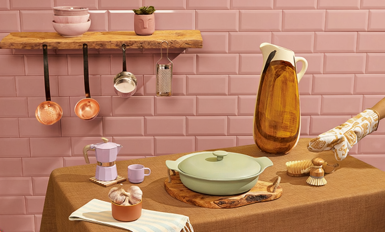 Pastel-coloured kitchenware and home accessories.