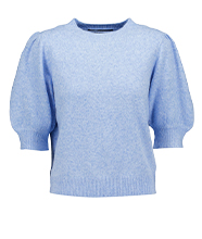 Light blue knit sweater with short puff sleeves, ribbed hem and cuffs, and a simple crew neckline, displayed against a plain neutral background.