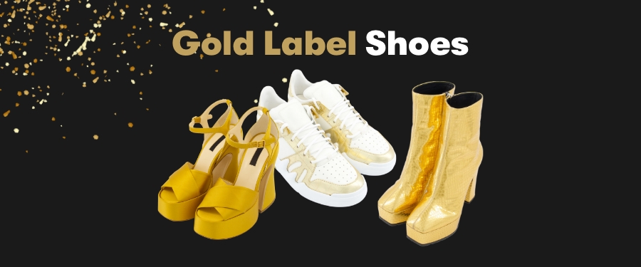 A collage of shoes including gold platform sandals, gold and white trainers and gold platform ankle boots.