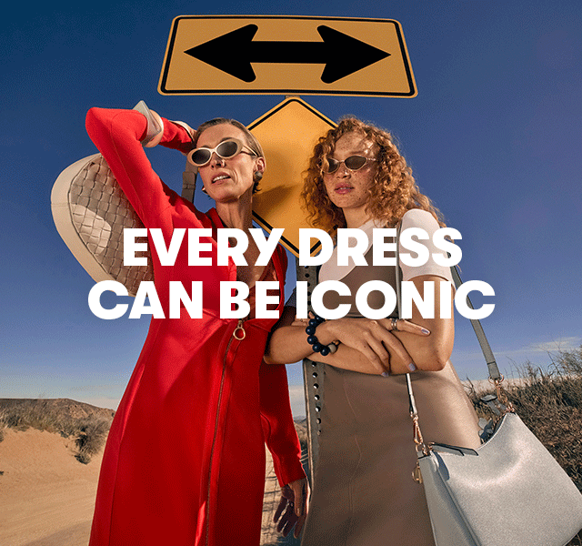 Models wearing bold dresses holding handbags with the title 'Every look can be iconic' 