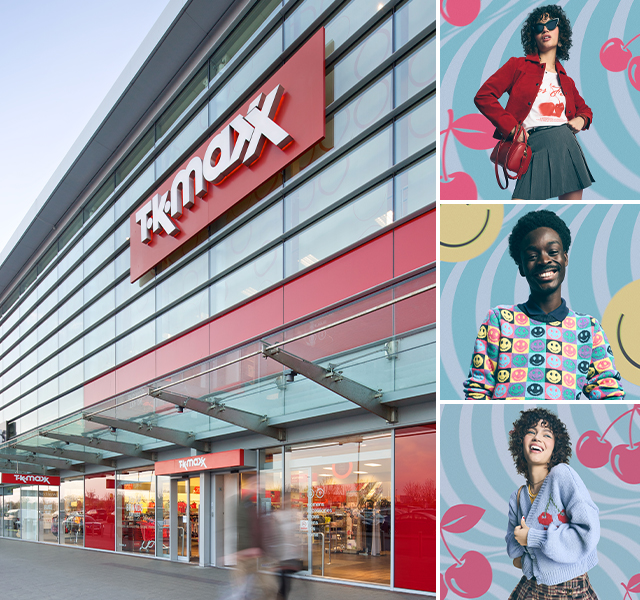 A collage of images featuring a TK Maxx store and smiling models wearing bright, bold clothing. 