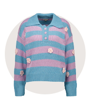 A cosy blue and pink knitted cardigan. 