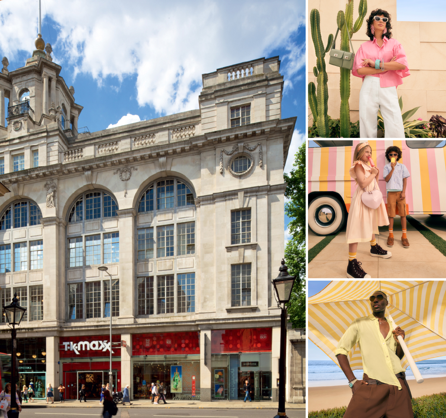 The outside of a TK Maxx store, models wearing summery outfits and kids standing next to an ice cream van.